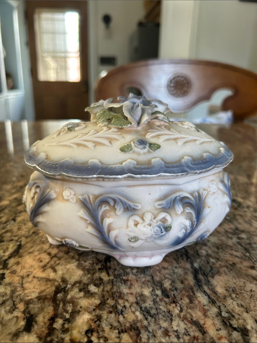 Vintage Capodimonte Decor Rococo Style Porcelain Trinket Box in Cream and Blue